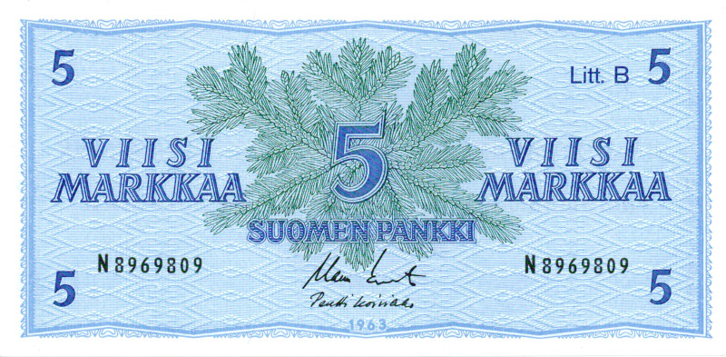 5 Markkaa 1963 Litt.B N8969809 kl.9